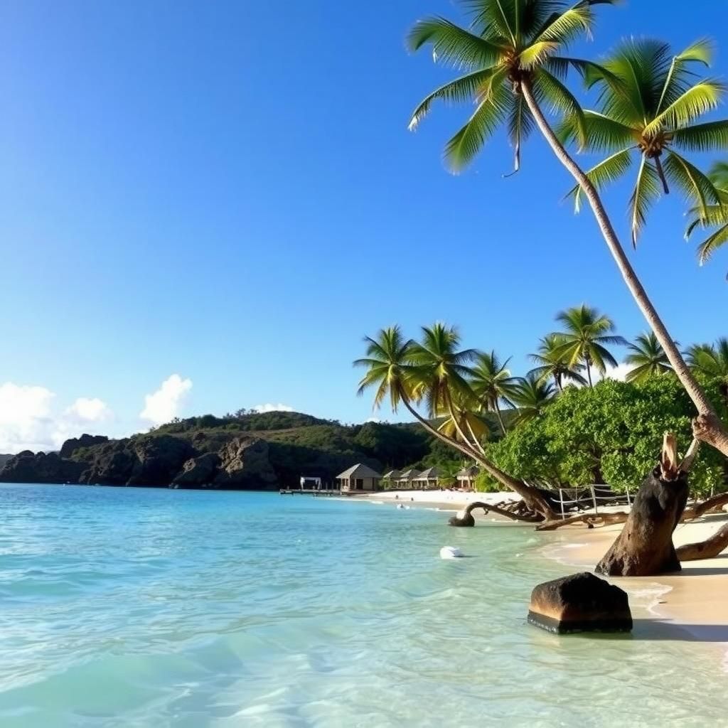 A beautiful beach in Seychelles with palm trees and clear blue water